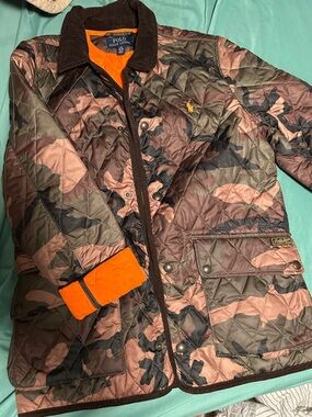 Ralph Lauren Quilted Brown Camo Jacket with Orange Lining